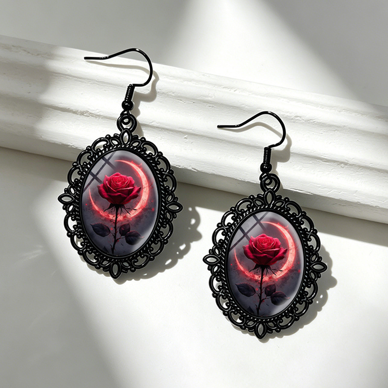 Women's Gothic Blood Moon Glass Cabochon Dangle Earrings